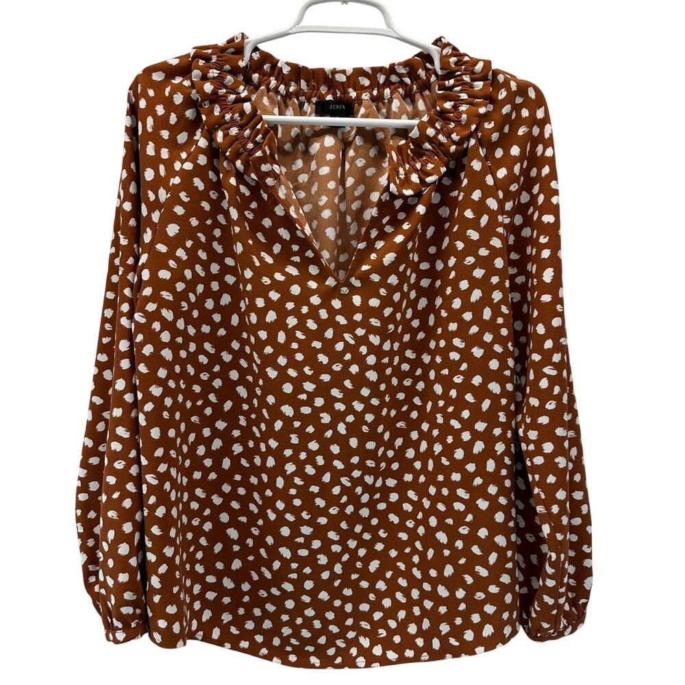 J. Crew Drapey Ruffleneck Top in Brown White Printed Small